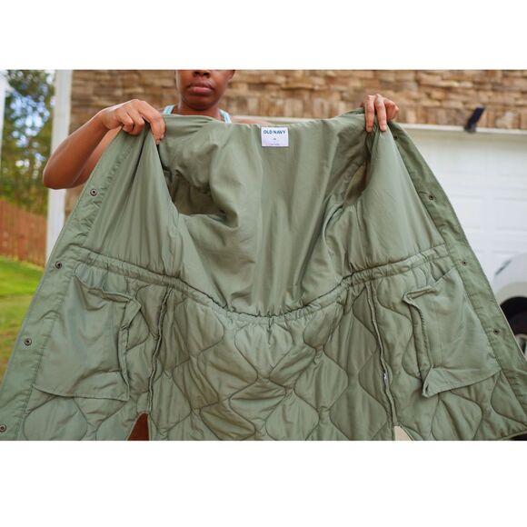 Old Navy Sherpa Quilted Hooded Hybrid Jacket XS Cream Olive NEW - Picture 9 of 10